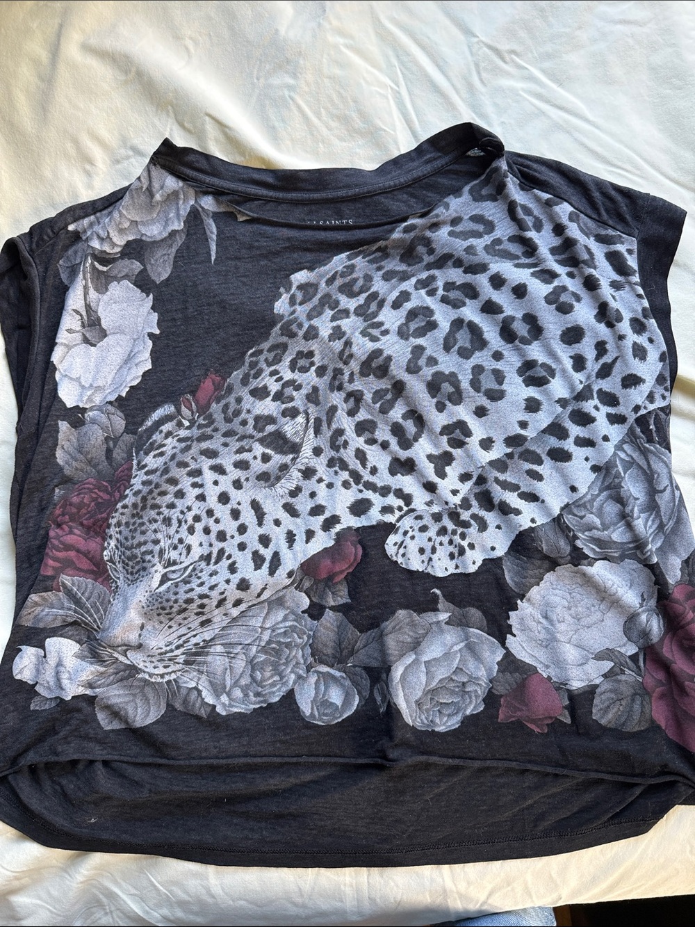 AllSaints Leopard Floral Graphic Tee Sz Medium Boxy Cap Sleeve Rose Animal Print